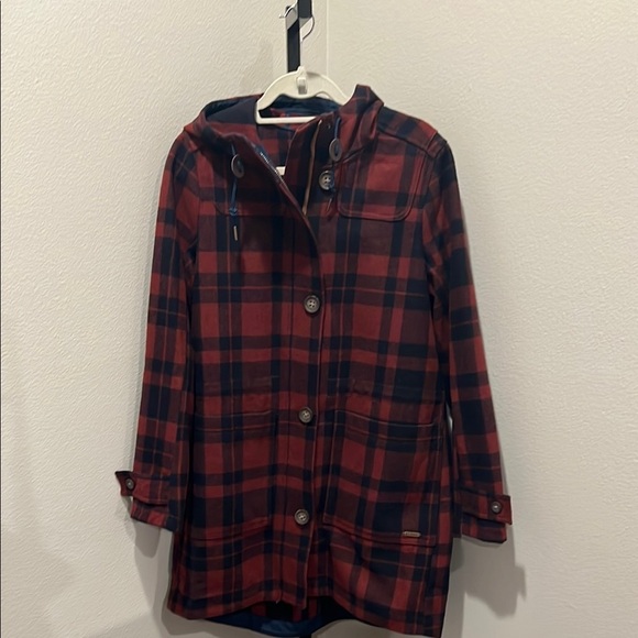L.L. Bean Red and Black Trench Coat with Hood - Picture 1 of 5